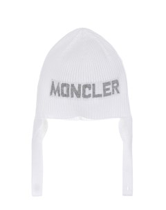 Белая шапка на завязках с серебристым логотипом детская Moncler