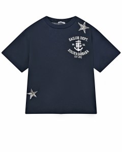 Темно синяя футболка с белым принтом Sailor Dept детское Dolce&gabbana