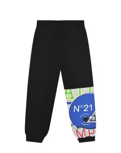 Черные спортивные брюки с брендированной вставкой детские No21