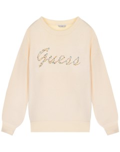 Свитшот кремового цвета с лого из стразов детский Guess