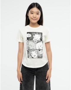 Молочная прямая футболка с аниме принтом для девочки Gloria jeans