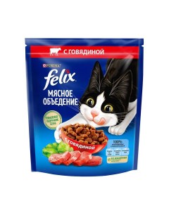 Мясное объедение сухой корм для взрослых кошек с говядиной 600 г Felix