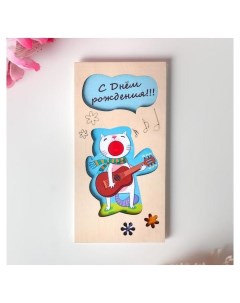Конверт деревянный резной С днем рождения кот с гитарой Стильная открытка
