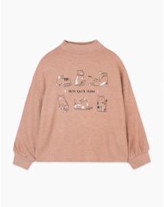 Коричневый лонгслив oversize с принтом Cute cat s team для девочки Gloria jeans