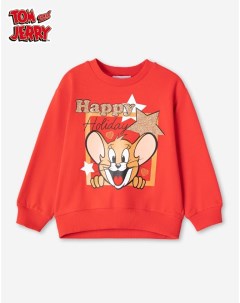 Красный свитшот с новогодним принтом Tom and Jerry для девочки Gloria jeans