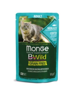 Cat BWild GRAIN FREE пауч из трески с креветками и овощами длявзрослых кошек 85г Monge