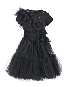 Черное платье с оборками и стразами детское Monnalisa