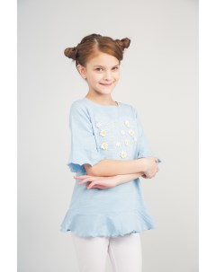 Голубая удлиненная футболка с ромашками для девочки Playtoday tween