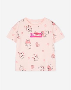 Розовая футболка oversize с котиками и нашивкой для девочки Gloria jeans