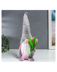 Кукла интерьерная Гном с тюльпанами серо розовый 37х8х6 см Nnb
