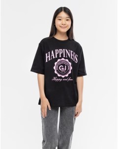 Черная футболка super oversize с принтом Happiness для девочки Gloria jeans
