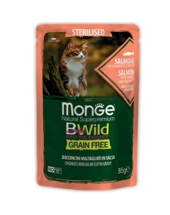 Cat BWild Grain Free Пауч для стерилизованных кошек лосось с креветками и овощами 85 г Monge