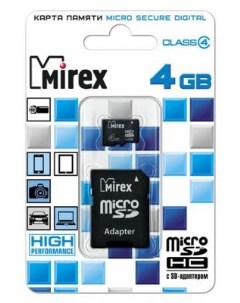 Флеш карта microSD 4GB microSDHC Class 4 SD адаптер Mirex