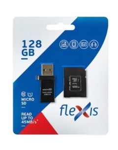 Карта памяти microSDXC 128GB Cl10 U1 c адаптером и USB картридером Flexis