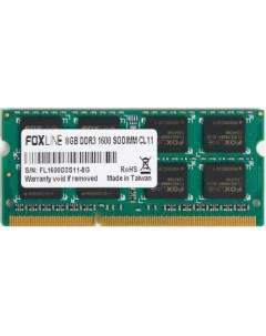 Оперативная память для ноутбука 8Gb 1x8Gb PC3 12800 1600MHz DDR3 SO DIMM CL11 FL1600D3S11 8G CL11 Foxline