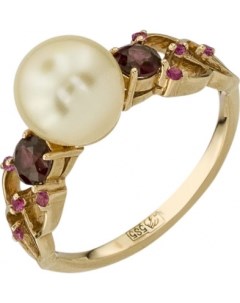 Кольцо с жемчугом родолитами и фианитами из красного золота Aloris