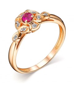 Кольцо Цветок с рубином и бриллиантами из красного золота Костромская ювелирная фабрика "алькор"