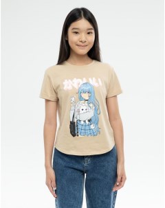 Бежевая футболка с аниме принтом для девочки Gloria jeans