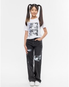 Чёрные джинсы Long leg с аниме принтом для девочки Gloria jeans