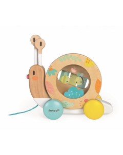 Каталка игрушка на веревочке Улитка с ксилофоном и барабаном Janod