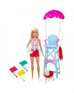 Кукла Барби Спасатель на пляже с вышкой собакой и аксессуарами Barbie