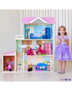 Деревянный кукольный домик Розали Гранд с мебелью и гаражом 11 предметов Paremo