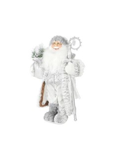 Дед Мороз в длинной серебряной шубке с посохом и подарками 45 см Maxitoys