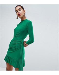 Зеленое облегающее платье с высоким воротником и оборкой по краю Prettylittlething