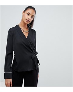 Черная атласная блузка с запахом и контрастной окантовкой Boohoo