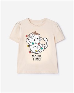 Бежевая футболка с принтом Magic time и аппликацией для девочки Gloria jeans