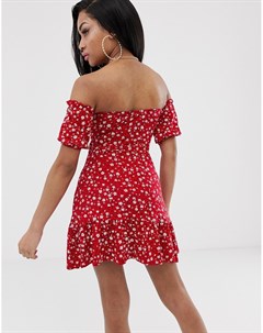 Эксклюзивное красное платье с открытыми плечами и цветочным принтом Prettylittlething petite