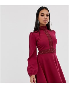 Бордовое короткое приталенное платье с кружевными вставками Prettylittlething