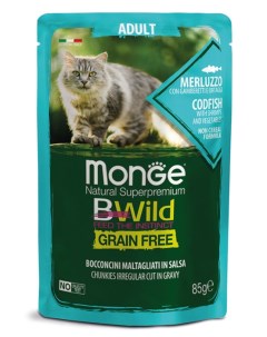 Влажный корм для кошек Bwild Grain free из трески с креветками и овощами пауч 0 085 кг Monge