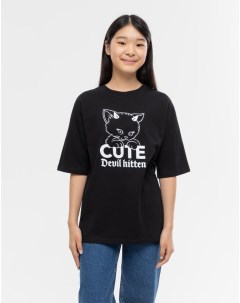 Чёрная футболка oversize с принтом котёнка для девочки Gloria jeans