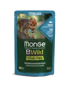 Корм для кошек Cat BWild Grain Free для стерилизованных тунец с креветками и овощами пауч 85г Monge