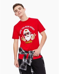 Красная футболка с новогодним принтом и блестками для мальчика Gloria jeans