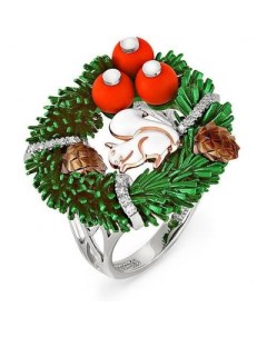 Кольцо Белочка с кораллами и бриллиантами из белого золота Kabarovsky