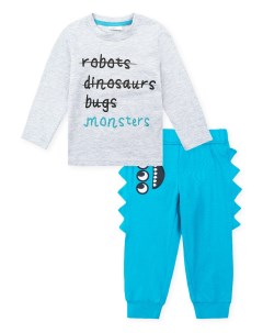 Комплект для мальчика серый лонгслив с принтом голубые брюки с декором Playtoday baby
