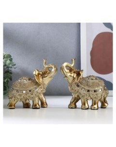 Сувенир полистоун Золотой слонёнок с попоной из бисера с колокольчиками 11 5х11х5 5 см Nnb