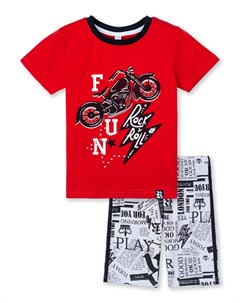 Комплект для мальчика красная футболка с принтом мотоцикл серые шорты с принтом газета Playtoday kids