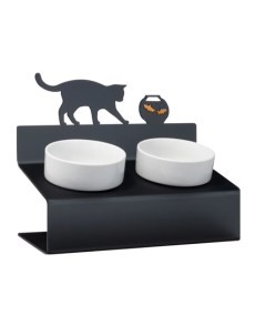 АртМиска Миска для кошек на подставке с наклоном Кот и рыбы двойная XS кофейная 2x360мл 2х360 мл Артмиска