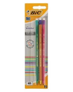 Набор карандашей чернографитных 3 штуки Evolution НВ полоски с ластиком Bic