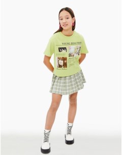 Салатовая футболка oversize с аниме принтом для девочки Gloria jeans