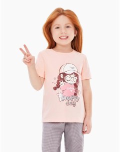 Светло розовая футболка с принтом Happy day для девочки Gloria jeans