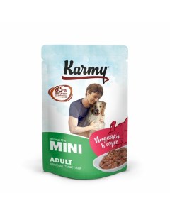 Влажный корм Mini Adult для собак мелких пород с индейкой мясные кусочки в соусе 80 гр Karmy