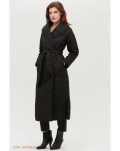 Чёрное стёганое пальто с поясом и объёмными лацканами Love republic