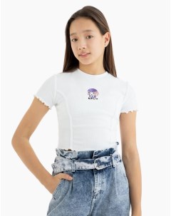 Белая футболка в рубчик с вышивкой для девочки Gloria jeans