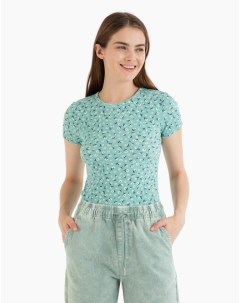 Голубая футболка в рубчик с цветочным принтом Gloria jeans