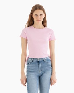 Розовая укороченная футболка в рубчик с завязками Gloria jeans