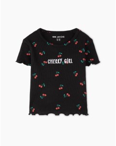 Черная футболка с принтом и вышивкой Cherry girl для девочки Gloria jeans